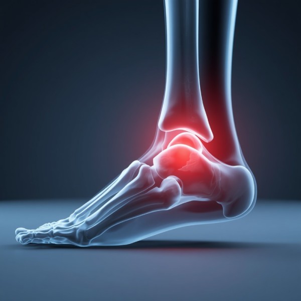 Detailed 3D medical visualization of human ankle bone structure with highlighted fractured area, glowing red color on the injury point to emphasize the damage, professional lighting, photorealistic, clean studio ba.jpg