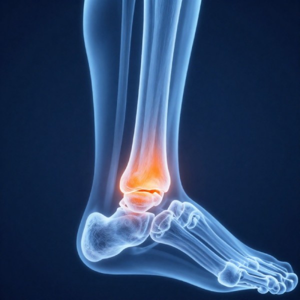 Medical illustration of ankle bone fracture, semi-transparent blue bones showing skeletal structure of ankle joint, fracture area highlighted in bright orange color showing the break point, X-ray style visualiz (1).jpg