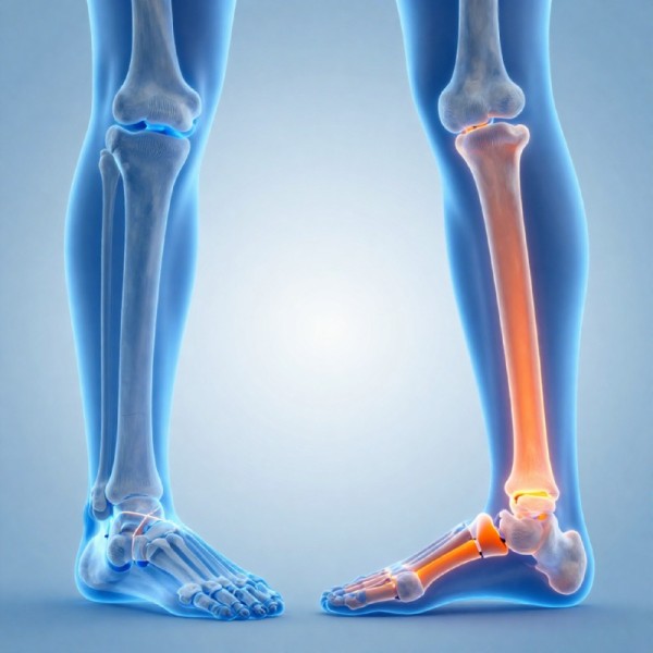 Medical illustration of ankle fracture, different style with semi-transparent glowing blue bones showing ankle skeletal anatomy from different angle, bright orange glowing fracture line showing the break, modern 3D.jpg