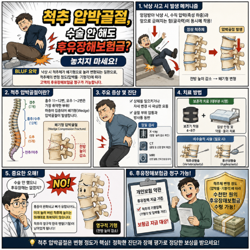 넘어져서 척추압박골절된 경우 수술을 하지 않더라도 후유장해보험금을 받을 수 있으니 놓치지마시기 바랍니다 손해사정사 상담받아보세요.png